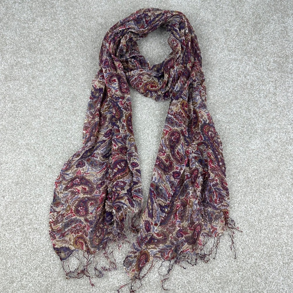 Paisley Sheer Scarf Boho Fringed Lightweight Wrap Burgundy Purple Gold